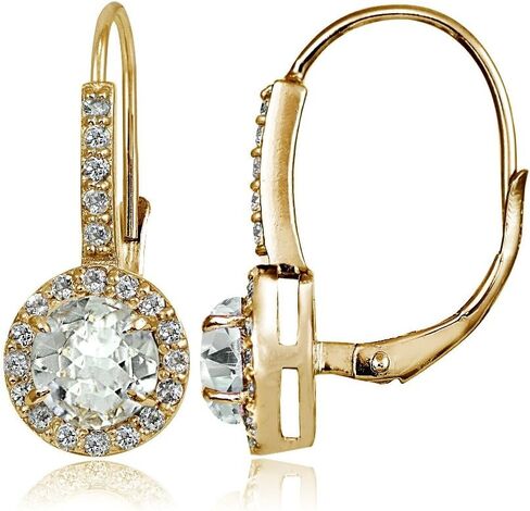 Yellow Gold Flashed Sterling Silver Genuine, Created or Simulated Gemstone and Cubic Zirconia Accents Round Leverback Earrings in Saudi Arabia