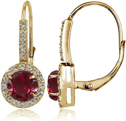Yellow Gold Flashed Sterling Silver Genuine, Created or Simulated Gemstone and Cubic Zirconia Accents Round Leverback Earrings in Saudi Arabia