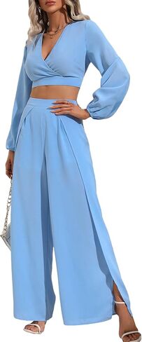OYOANGLE Women's 2 Piece Outfits V Neck Long Sleeve Crop Blouse and Split Hem Wide Leg Pants Set Jumpsuit in Saudi Arabia