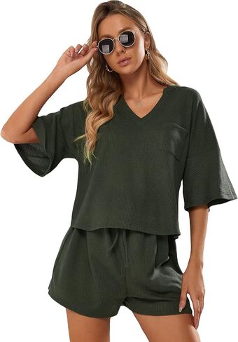MakeMeChic Women's Maternity 2 Piece Outfits Casual Half Sleeve V Neck Tee Shirt and Shorts Set in Saudi Arabia