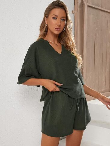 MakeMeChic Women's Maternity 2 Piece Outfits Casual Half Sleeve V Neck Tee Shirt and Shorts Set in Saudi Arabia