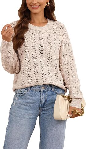 Pink Queen Women's 2023 Fall Casual Crochet Sweater Long Sleeve Crew Neck Sweaters Hollow Out Knit Pullover Jumper in Saudi Arabia