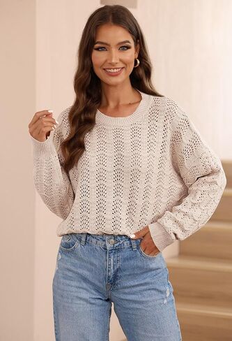 Pink Queen Women's 2023 Fall Casual Crochet Sweater Long Sleeve Crew Neck Sweaters Hollow Out Knit Pullover Jumper in Saudi Arabia