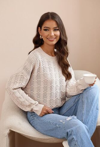 Pink Queen Women's 2023 Fall Casual Crochet Sweater Long Sleeve Crew Neck Sweaters Hollow Out Knit Pullover Jumper in Saudi Arabia