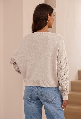 Pink Queen Women's 2023 Fall Casual Crochet Sweater Long Sleeve Crew Neck Sweaters Hollow Out Knit Pullover Jumper in Saudi Arabia