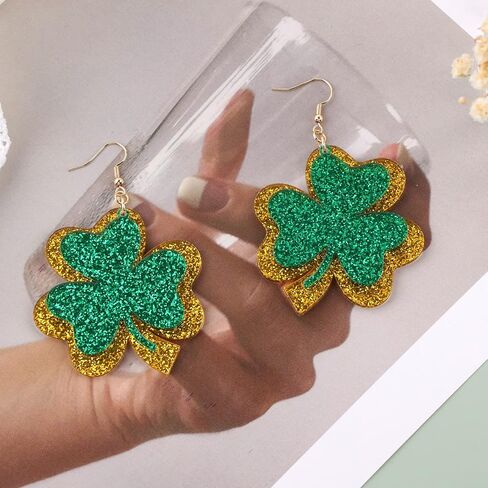 اقراط متدلية لعيد القديس باتريك، اقراط متدلية لامعة بلون اخضر ايرلندي على شكل زهرة البرسيم، اقراط متدلية من الاكريليك للنساء والفتيات في عيد القديس باتيس، هدية مجوهرات in Kuwait
