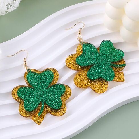 اقراط متدلية لعيد القديس باتريك، اقراط متدلية لامعة بلون اخضر ايرلندي على شكل زهرة البرسيم، اقراط متدلية من الاكريليك للنساء والفتيات في عيد القديس باتيس، هدية مجوهرات in Kuwait