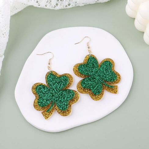 اقراط متدلية لعيد القديس باتريك، اقراط متدلية لامعة بلون اخضر ايرلندي على شكل زهرة البرسيم، اقراط متدلية من الاكريليك للنساء والفتيات في عيد القديس باتيس، هدية مجوهرات in Kuwait