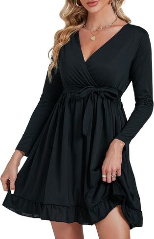 فستان نسائي قصير من Umenlele برقبة على شكل حرف V وأكمام طويلة وربطة خصر وحزام مكشكش ومتأرجح in Kuwait