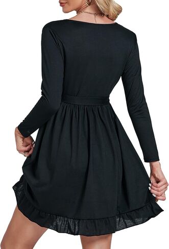 فستان نسائي قصير من Umenlele برقبة على شكل حرف V وأكمام طويلة وربطة خصر وحزام مكشكش ومتأرجح in Kuwait