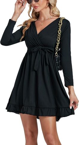 فستان نسائي قصير من Umenlele برقبة على شكل حرف V وأكمام طويلة وربطة خصر وحزام مكشكش ومتأرجح in Kuwait