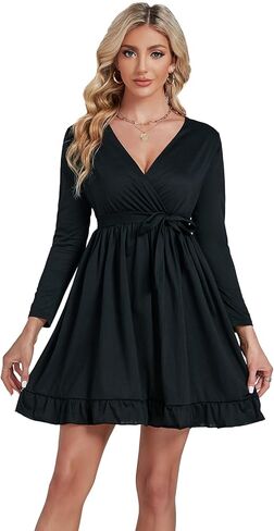 فستان نسائي قصير من Umenlele برقبة على شكل حرف V وأكمام طويلة وربطة خصر وحزام مكشكش ومتأرجح in Kuwait