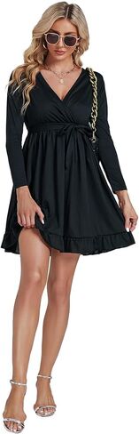 فستان نسائي قصير من Umenlele برقبة على شكل حرف V وأكمام طويلة وربطة خصر وحزام مكشكش ومتأرجح in Kuwait