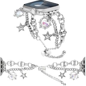 WONMILLE Bracelet Compatible with Apple Watch Band 38mm 40mm 41mm 42mm 44mm 45mm 49mm, Feminine Cute Pendants Dressy iWatch Series 9 8 7 6 5 4 3 2 1 SE Metal Chain Charms for Women