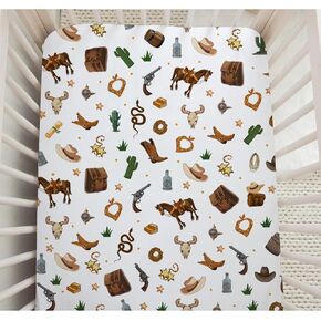 Western Cowboy Crib Sheets Set Cowboy Hat Boots Horse Cactus Baby Sheet Fitted Nursery Crib Sheets for Girl Boys Gift for Standard Crib Toddler Mattress Neutral Toddler Western Bed Sheets Stretchy