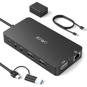 USB Docking Station, JESWO 11-in-1 USB 3.0 Laptop Docking Station Dual Monitor with Power Adapter (Dual Video HDMI and VGA, Gigabit Ethernet, Audio, and More USB Ports)