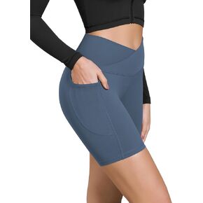 ODODOS Cloud Feeling Cross Waist Yoga Shorts with Pockets for Women, 6" Crossover High Waist Lounge Biker Shorts in Kuwait