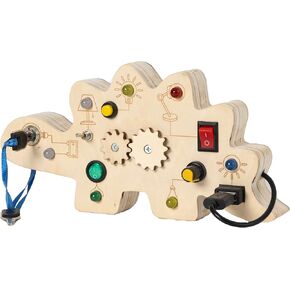 Busy Board with LED Light Dinasour Wooden Busy Board Toys for 3+Year Old Sounds Buttons Montessori Toys Toddler Busy Board,Wooden Sensory Toys for Learning Kids Activities,Baby Travel Toys