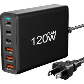 WOVTE 120W USB C Fast Charger Block, 6 Port GaN III Multiple USB Charger Station, USB C Charging Block, Wall Charger for iPhone, Samsung, Galaxy, MacBook, Air Pro