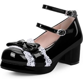 Women's Bow Plafrom Mary Janes Patent Leather Chunky Heel Lace Ankle Strap Dress Pumps