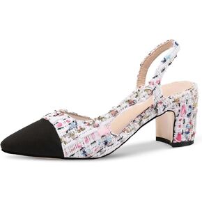 LinnOaks Slingback Heels for Women Round Closed Toe Pumps Two Tone Chunky Mid Heel Wedding Party Dress Shoes Ladies Fashion Patchwork Mary Jane Heels Multicolor Classic Comfy Tweed Heels Office Shoes
