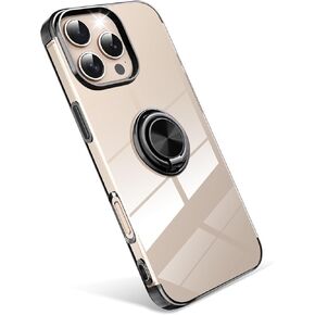 Compatible for iPhone 16 Pro Phone Case with Ring Holder, Rotating Metal Ring Stand Support Magnetic Car Kickstand Clear Soft Silicone Shockproof Cover for 16 Pro 6.3Inch 2024-Rose Gold