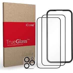 iCarez Tempered Glass Screen Protector for iPhone 16 Pro 6.3-inches 2024 [2-Pack] Case Friendly Full Coverage Tray Installation Black Frame