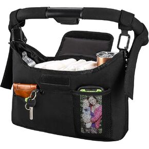 Universal Stroller Organizer with Double Cup Holder， Double Hanging Hooks & Shoulder Strap, Fits for Stroller like Uppababy, Baby Jogger, Britax, BOB, Umbrella and Pet Stroller Grey