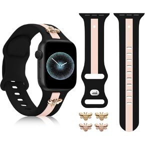 Silicone Band for Apple Watch Band 38mm 40mm 41mm with 2 pairs of Bee Charms Decor Gold RoseGold, Designer Sport Strap for iwatch Bands Series 9 8 7 6 5 4 3 2 1 SE Ultra Women Girl-Khaki