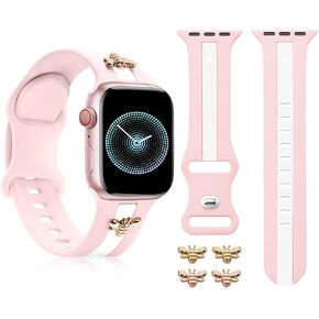 سوار سيليكون لساعة Apple مقاس 38 مم 40 مم 41 مم مع زوجين من Bee Charms Decor Gold RoseGold، حزام رياضي مصمم لسلسلة iwatch Bands 9 8 7 6 5 4 3 2 1 SE Ultra Women Girl-Khaki