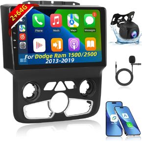 EKAT [2+64G] ستيريو سيارة Android لـ Dodge Ram 1500/2500 (للتكييف التلقائي) 2013-2019 - راديو بشاشة تعمل باللمس 9 بوصة مع تشغيل لاسلكي، Android Auto، EQ، WiFi، GPS، SWC + AHD كاميرا احتياطية