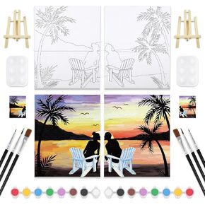2 Pack Pre Drawn Canvas for Painting for Adults Pre-Stretched Canvas Outline for Sip and Piant Kit for Adult's Date Night, Valentine's Day Gift 8x10 Inch（with Easel）
