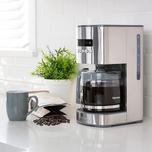 Kenmore Coffee Maker 12 cup Drip Coffee Machine Programmable Aroma Control Glass Carafe Reusable Filter Timer Digital Display Charcoal Water Filter Regular Bold Stainless Steel and Black in Kuwait