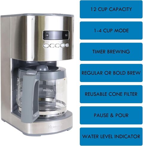 Kenmore Coffee Maker 12 cup Drip Coffee Machine Programmable Aroma Control Glass Carafe Reusable Filter Timer Digital Display Charcoal Water Filter Regular Bold Stainless Steel and Black in Kuwait