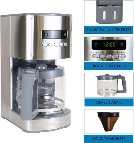 Kenmore Coffee Maker 12 cup Drip Coffee Machine Programmable Aroma Control Glass Carafe Reusable Filter Timer Digital Display Charcoal Water Filter Regular Bold Stainless Steel and Black in Kuwait