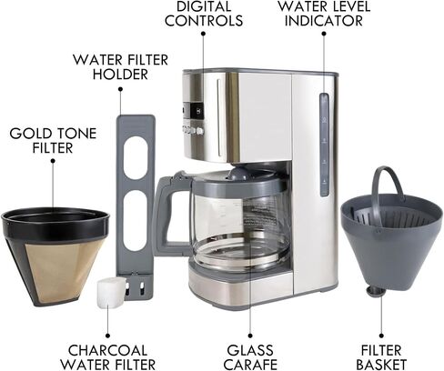 Kenmore Coffee Maker 12 cup Drip Coffee Machine Programmable Aroma Control Glass Carafe Reusable Filter Timer Digital Display Charcoal Water Filter Regular Bold Stainless Steel and Black in Kuwait