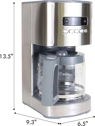 Kenmore Coffee Maker 12 cup Drip Coffee Machine Programmable Aroma Control Glass Carafe Reusable Filter Timer Digital Display Charcoal Water Filter Regular Bold Stainless Steel and Black in Kuwait