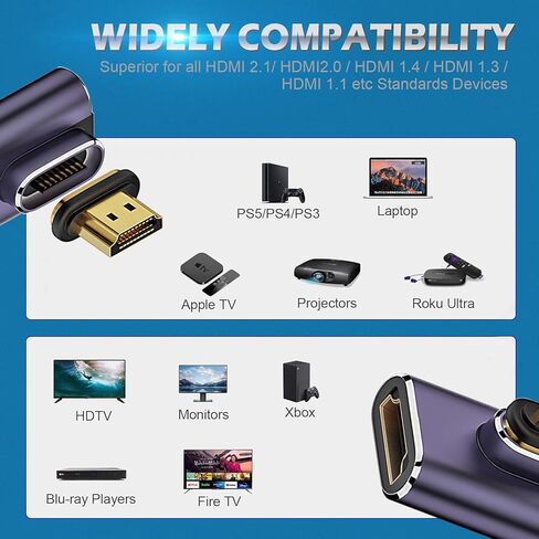 محول مغناطيسي AreMe 8K HDMI 2.1 للزاوية اليمنى (عبوة من قطعتين)، يسار ويمين 90 درجة و270 درجة HDMI ذكر إلى HDMI أنثى موصل موسع من سبائك الألومنيوم in Kuwait