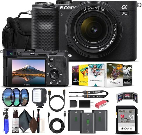 Sony Alpha a7C Mirrorless Digital Camera with 28-60mm Lens (Black) (ILCE7CL/B) w/ 64GB Memory Card, 2 x NP-FZ-100 Battery, Photo Editing Software, Case, External Charger, Card Reader and More in Saudi Arabia