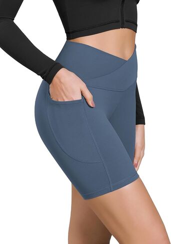 ODODOS Cloud Feeling Cross Waist Yoga Shorts with Pockets for Women, 6" Crossover High Waist Lounge Biker Shorts in Kuwait