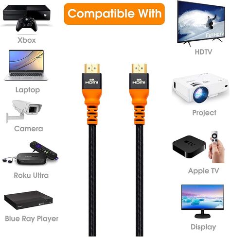 8K HDMI Cable [16FT], HDMI 2.1 Cord 48Gbps Compatible with Apple TV, Roku,Samsung QLED, Monitor, Projector in Saudi Arabia