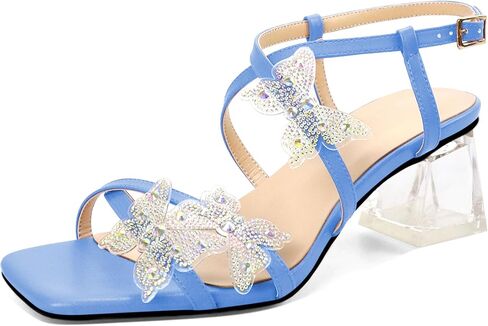Joseywade Butterfly Heels Heeled Sandals Rhinestone Crystal Butterflies Heels Open Toe Clear low Block Heels 2 Inch Women's Ankle Strap Shoes in Kuwait