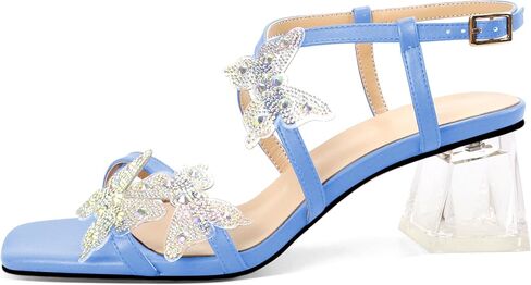 Joseywade Butterfly Heels Heeled Sandals Rhinestone Crystal Butterflies Heels Open Toe Clear low Block Heels 2 Inch Women's Ankle Strap Shoes in Kuwait