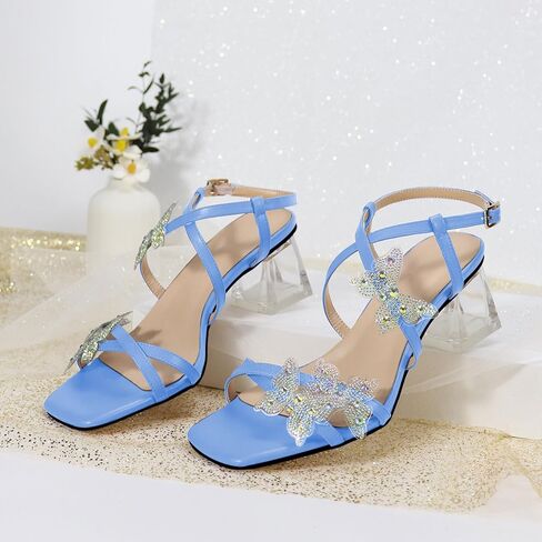 Joseywade Butterfly Heels Heeled Sandals Rhinestone Crystal Butterflies Heels Open Toe Clear low Block Heels 2 Inch Women's Ankle Strap Shoes in Kuwait