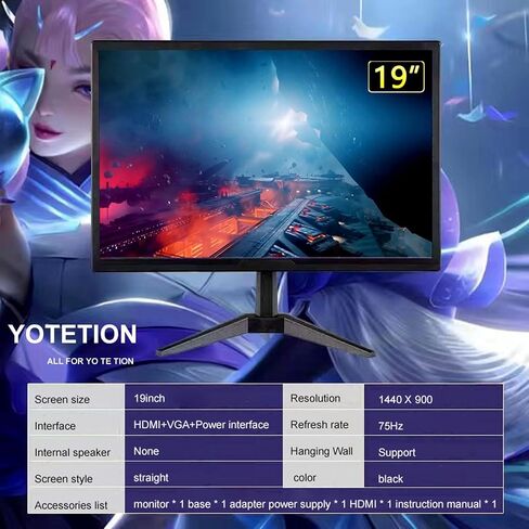 19 inch HD (1440 x 900) Monitor, 75Hz Refresh Rate, HDMI x1, VGA x1, Small Thin Monitor for laptops, Computers and desktops,LED Display, VGA/HDMI Connection. in Saudi Arabia