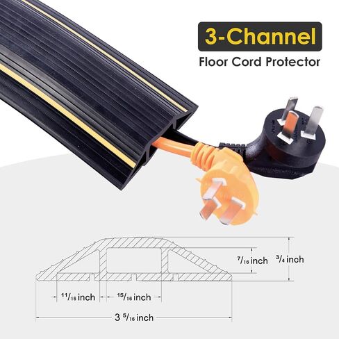 6' Feet/Roll PVC Floor Cord Protector, 72" inch Cord Hider, Black Yellow Soft Cable Cord Cover, for Wires on Floor & Wall, Easy Set up Cable Cover Cable Management Kit (3-Channel) in Saudi Arabia