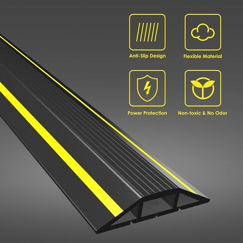 6' Feet/Roll PVC Floor Cord Protector, 72" inch Cord Hider, Black Yellow Soft Cable Cord Cover, for Wires on Floor & Wall, Easy Set up Cable Cover Cable Management Kit (3-Channel) in Saudi Arabia