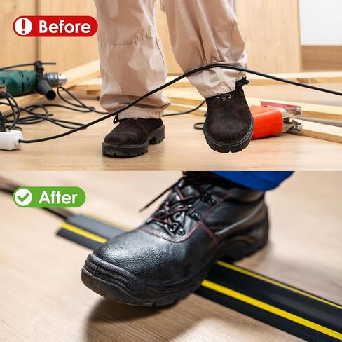 6' Feet/Roll PVC Floor Cord Protector, 72" inch Cord Hider, Black Yellow Soft Cable Cord Cover, for Wires on Floor & Wall, Easy Set up Cable Cover Cable Management Kit (3-Channel) in Saudi Arabia