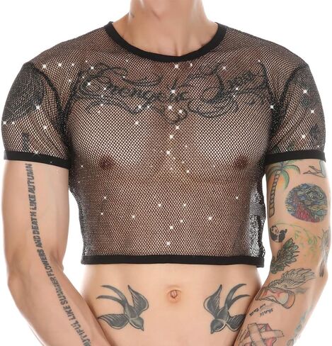 Mens Fishnet Shirts See Through Faux Leather Sexy Crop Tops Short Sleeve Mesh T Shirts in Kuwait