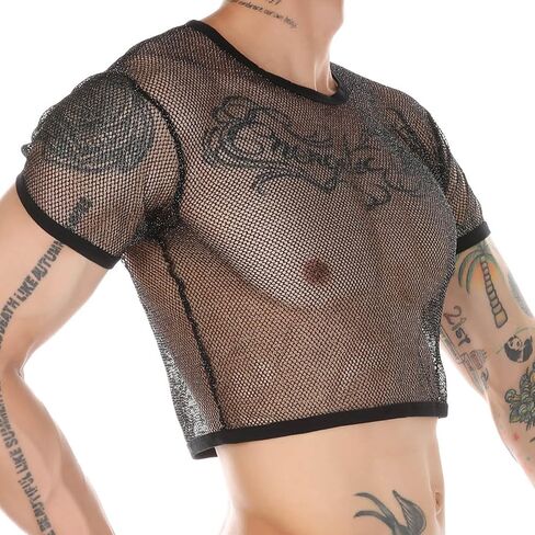 Mens Fishnet Shirts See Through Faux Leather Sexy Crop Tops Short Sleeve Mesh T Shirts in Kuwait
